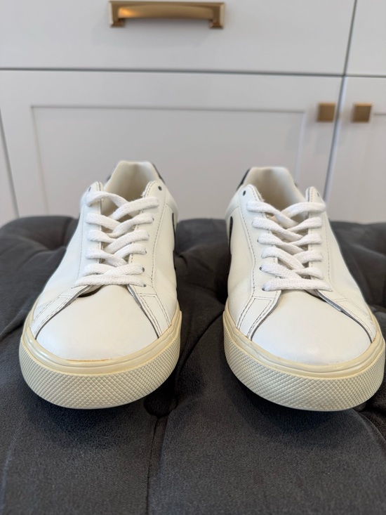 Veja White Leather Sneakers with Black/Navy V Logo - Picture 5 of 10